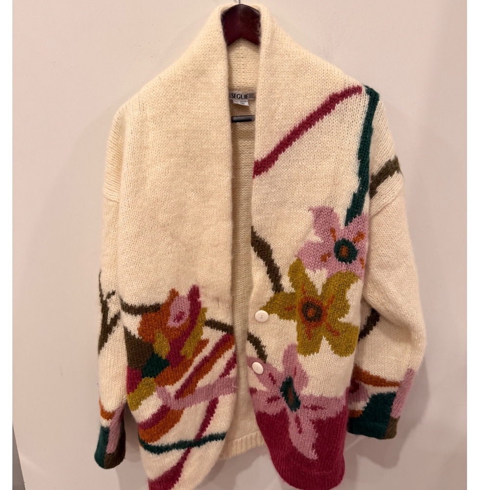 Vintage Segue Wool Blend Floral Intarsia Knit Cardigan Sweater Cream Pink Small
